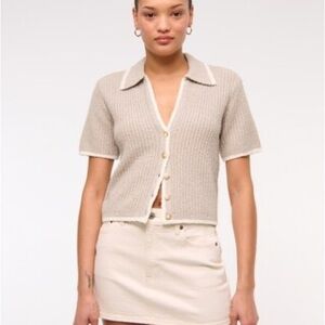 Abercrombie & Fitch Short-Sleeve Crochet Button Down Polo Shirt - Beige